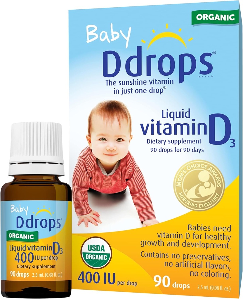 Ddrops Organic Baby 400 j.m. 90 Krople - Dzienna witamina D Płyn dla niemowląt. Obsługuje Teeth & Bone Health. Brak środków konserwujących, Brak cukru, Nie-GMO, Przyjazny dla alergików - Opakowanie 2
