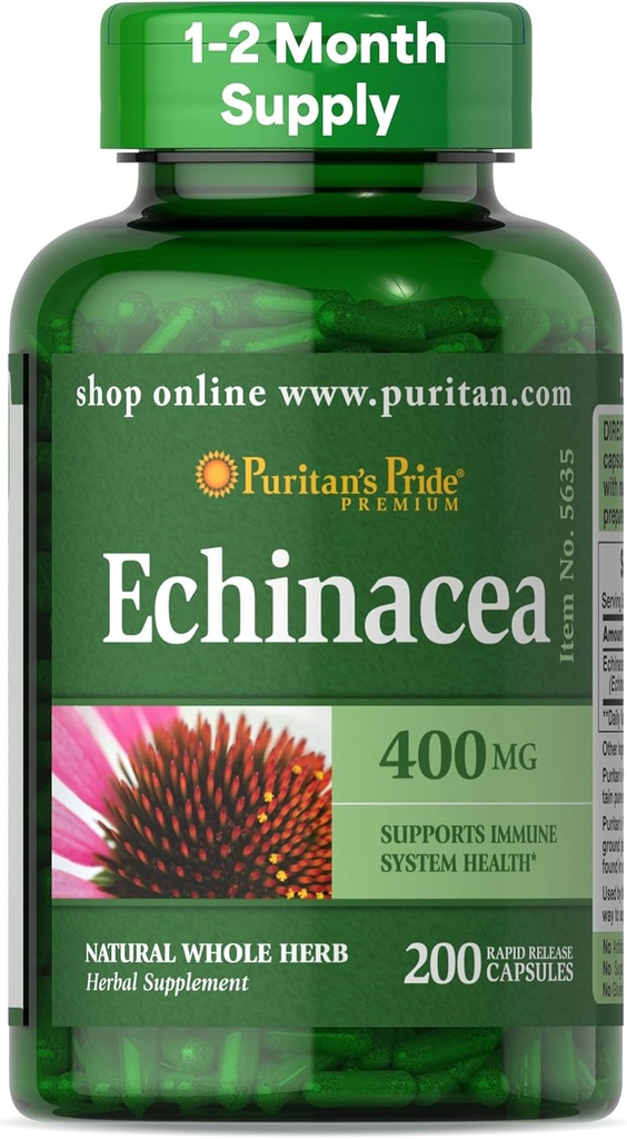 Puritan 's Pride Premium Echinacea Natural Whole Herb Herb Supplement 400mg, Suplement diety dla zdrowia, Wsparcie immunologiczne systemu, 200 Kapsułki szybkiego uwalniania