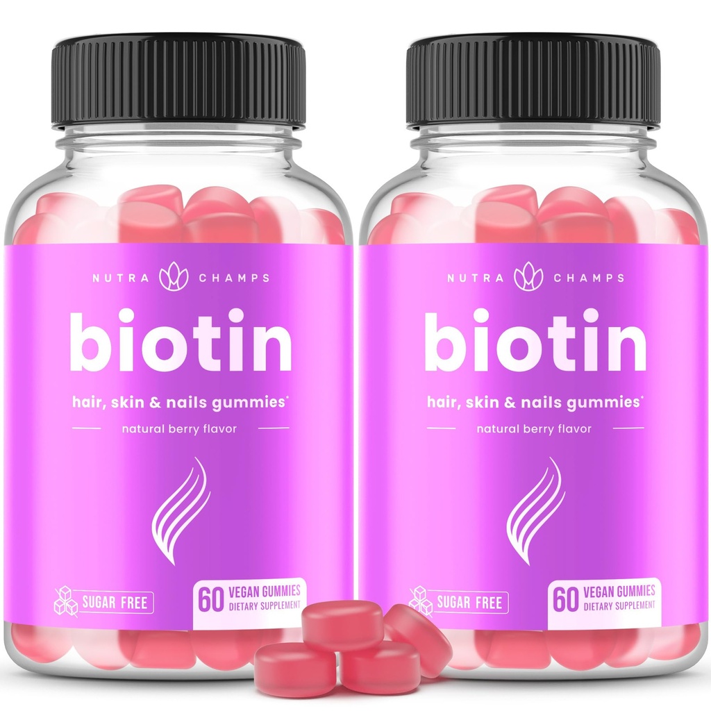 NutraChamps Sugar Free Gummies Biotin 10000mcg [Wysoka potencja] - Zdrowe włosy, skóra i paznokcie dla kobiet, mężczyzn i dzieci - 5000mcg w każdym gumku - Wegański suplement witamin do włosów - Malina (2- Pack)