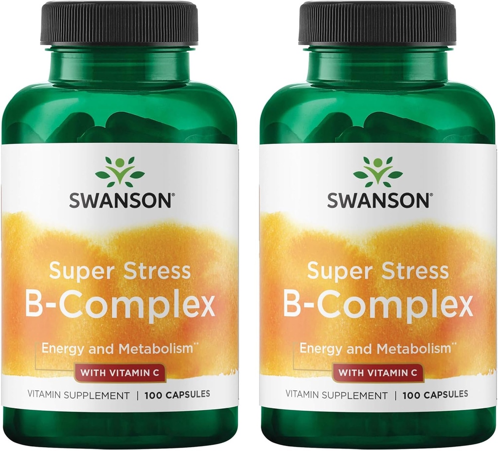 Swanson Witamina B- Complex w / Witamina C - Natural Supplement Promoting Stress Relief, Wsparcie energetyczne i Pomoc immunologiczna Zdrowie - Może wspierać Metabolizm i Nerwowe Zdrowie - (100 Kapsułki) (2 opakowania)