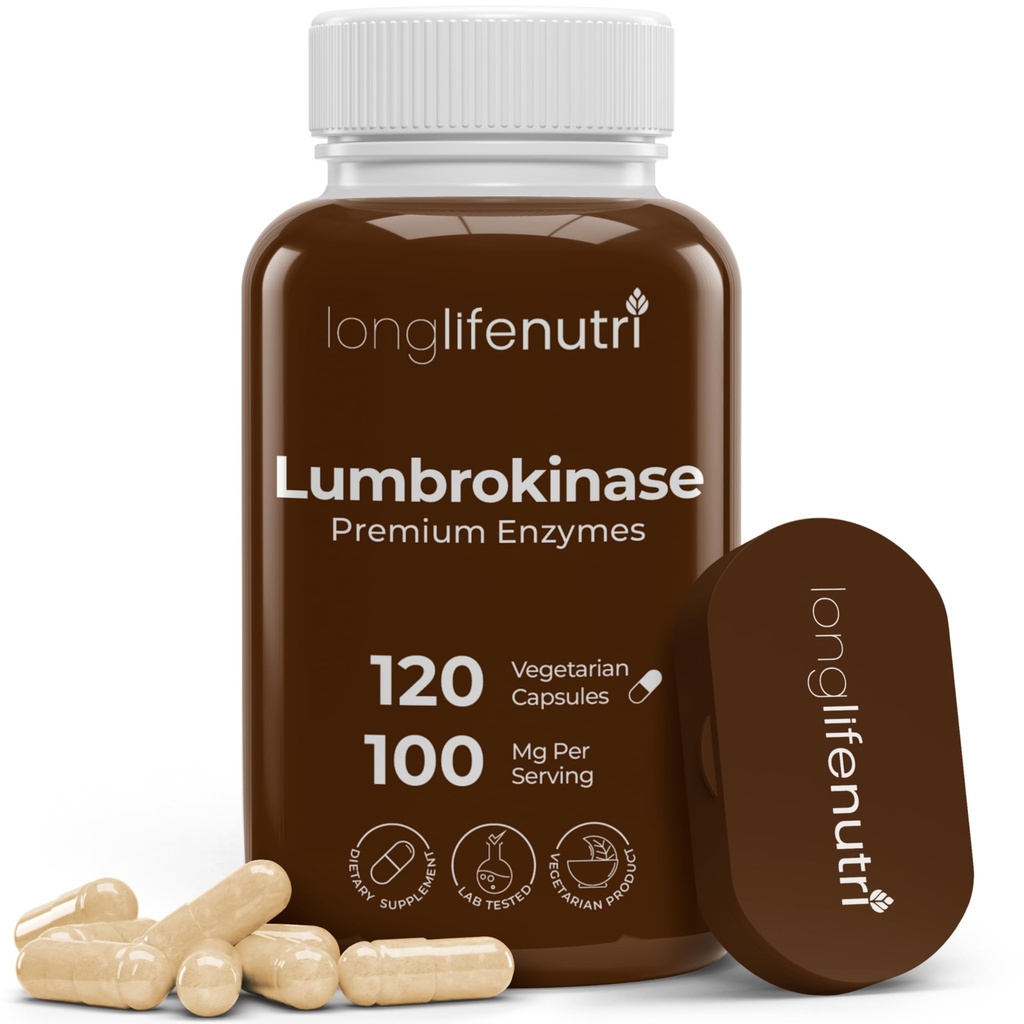 LongLifeNutri Lumbrokinase 100mg - Maksymalna aktywność 2 000 000 jednostek na porcję, 120 Kapsułek wegetariańskich, 2-miesięczne dostawy, Natural Enzyme Supplement for Circulative Health, Lab Tested, Made in USA