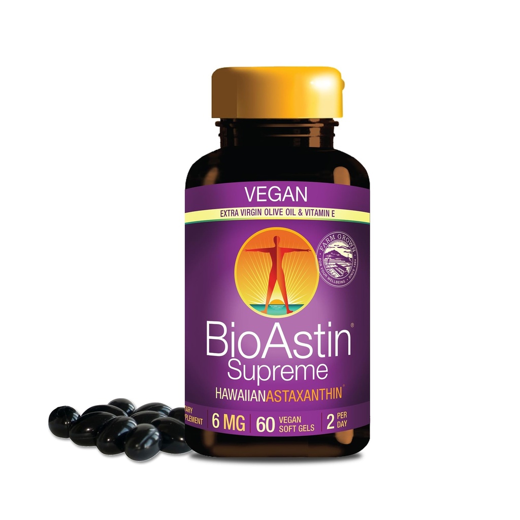 Nutrex Hawaje BioAstin Supreme Hawaiian Astaxanthina - 6mg, 60 Softgels - Farm-Direct Premium Antioksydant Supplement for Eye, Skin, Joint & Immune System Health * - Mieszany z Extra Virgin Olive Oil