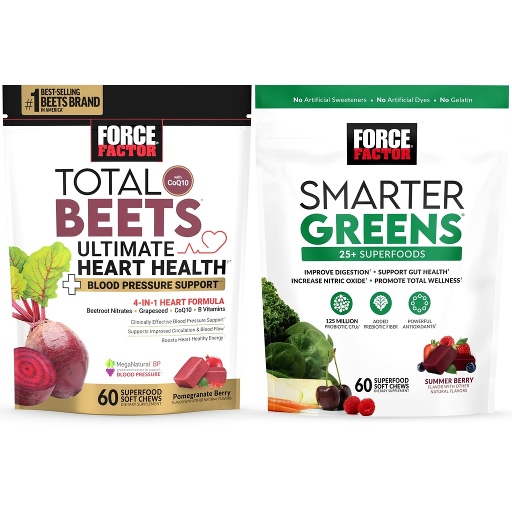 Zestaw czynnika siły Total Beets Ultimate Heart Health Blood Pressure Support Chews with CoQ10, 60 Soft Chews + Smarter Greens Superfood Chews, do wsparcia trawienia, 60 Soft Chews