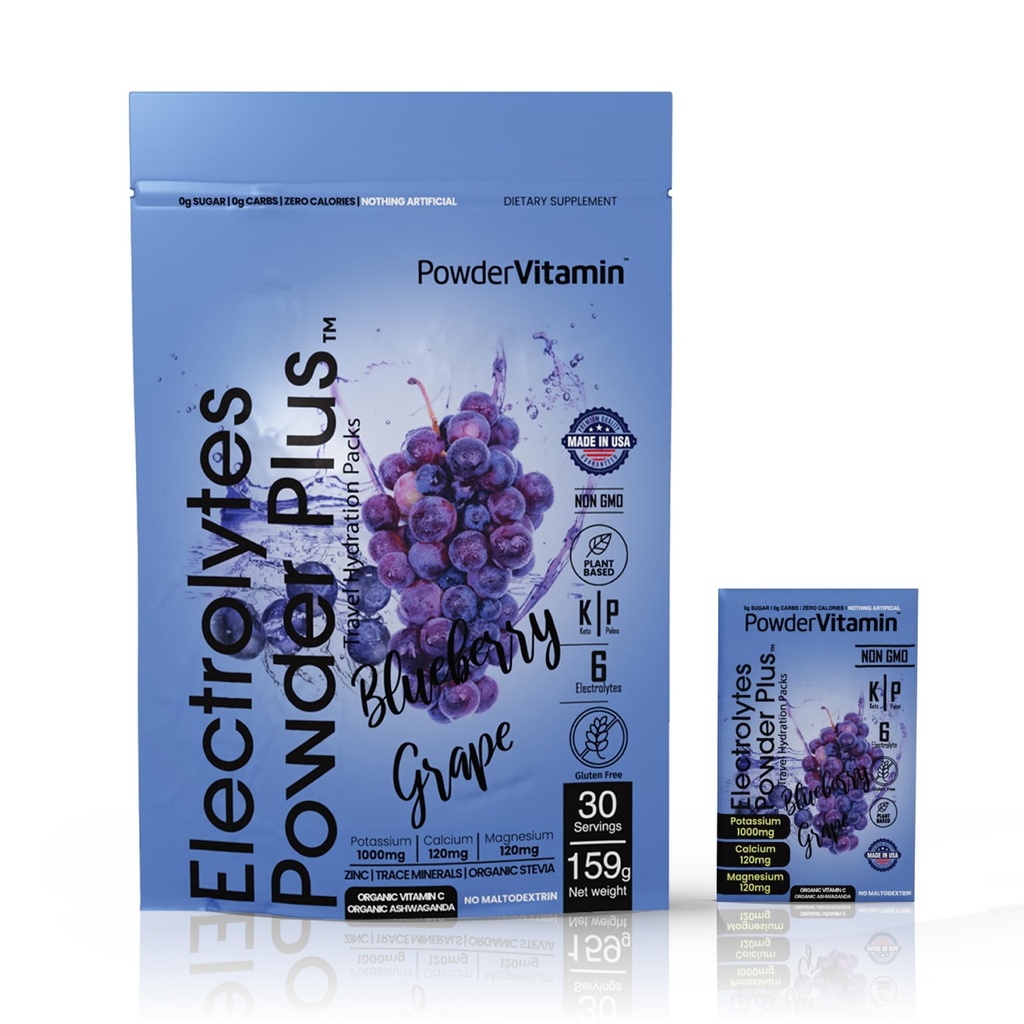 Proszek PowderWitamina Electrolytes Plus, Keto, Winogrona z jagodami, Cukier zerowy, 1000mg potasu, 120mg wapnia, 120mg magnezu, Non-GMO, Zero Kalorii, 30 pakietów nawadniających