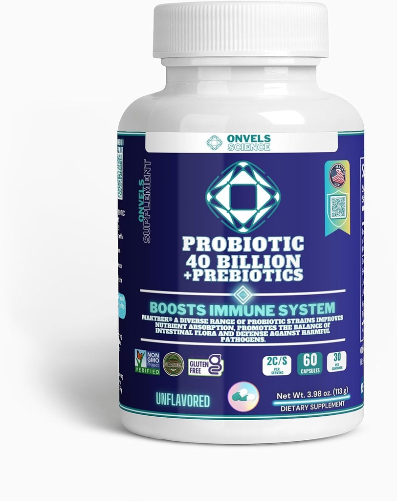 Probiotyk 40 Miliard + Prebiotyka MAKTREK ® 124; Boost Immune Function & Digestive & Gut Health, BOOSS Immune System - Wspiera sporadyczne zaparcia, Biegunka, Gaz i wzdęcia - dla kobiet i mężczyzn