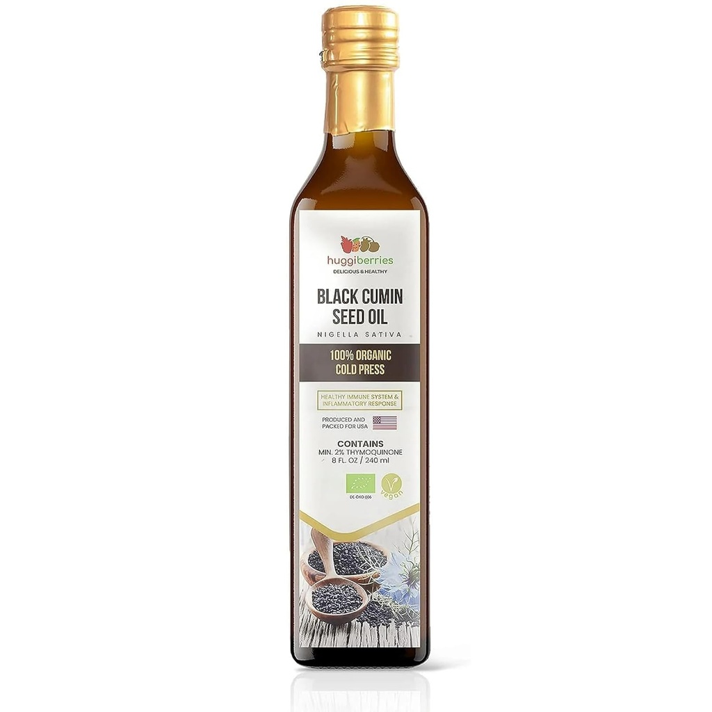Huggiberries Organic Black Seed Oil Liquid - Butelka Glas- Gluten- Free Oil for Salads, Dips, Dressings, Veggies - Cold Pressed Turecki Cumin, bogaty w suplement odporności Thymoquinone - 8 fl.oz. / 250ml