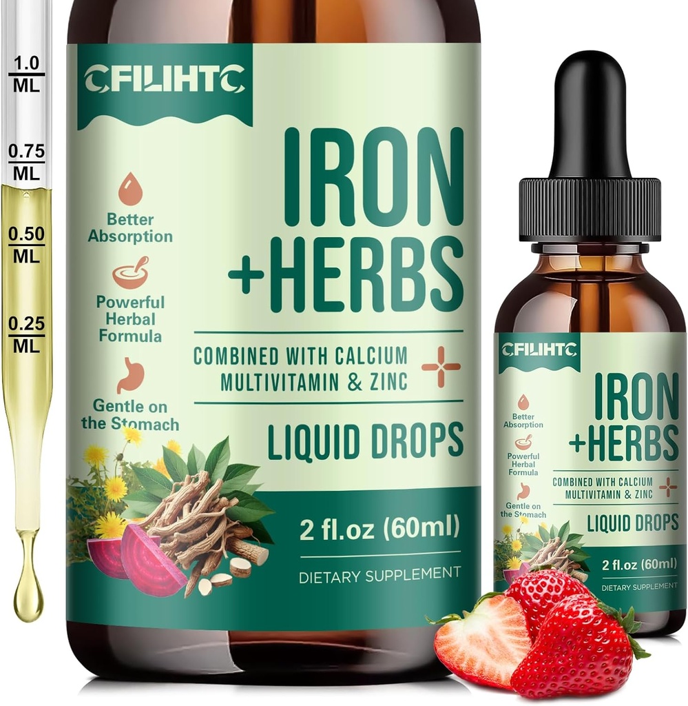 Płynny suplement żelaza dla kobiet, mężczyzn, Żelazo Krople z Mieszanka zdrowia kobiet Herb, Wapń, Cynk i Multiwitamina - Wsparcie Blood Builder, Skóra, Energia, Immune for Iron Deficiency, Anemia, Wegan 2 Fl Oz