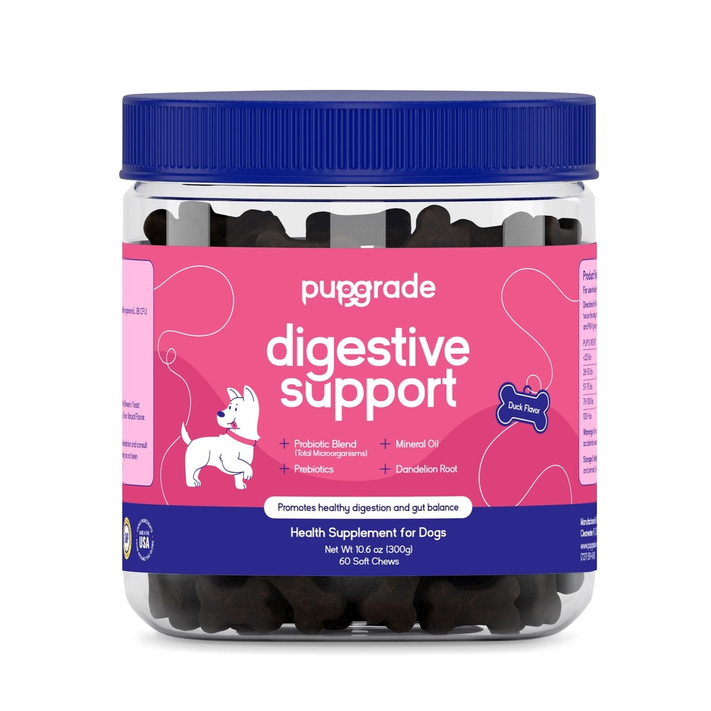 PupGrade Digestive Support Chews for Dogs - Prebiotyczne i Probiotyczne Suplement z Enzyme Blend - Zdenerwowane żołądki, Biegunka, Koszenica i Wsparcie immunologiczne - Dynia, Blueberry, Olej mineralny - 60 Soft Chews