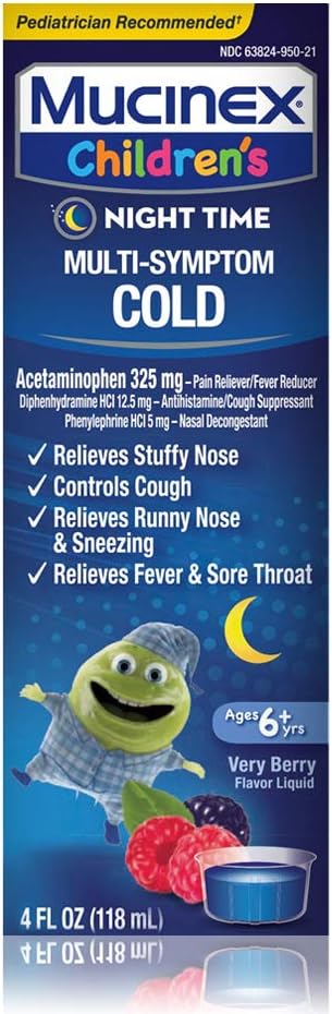 Zimne, kaszel i gorączka, Mucinex Wieloobjawowe, Night Time Cold Liquid, Mieszane Berry, 4oz, Zmniejsza gorączkę, Steruje Kaszel, Relieves Stuffy Nose