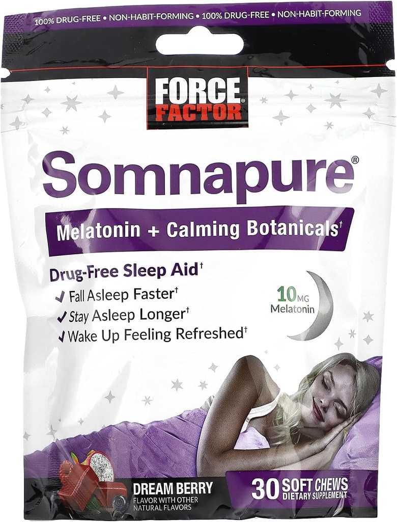FAKTOR FORCE Somnapure Soft Chews with 10mg Melatonin, L- Theanine, Rumianek, Balsam cytrynowy, SEN Berry Flavor, 30 Soft Chews