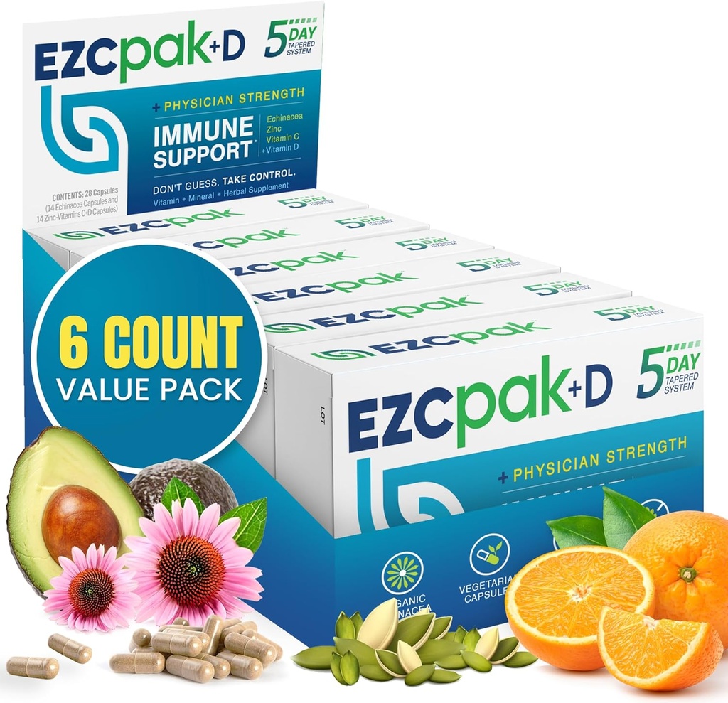 EZC Pak 5-Day Immune System Booster with Echinacea, Vitamin C, Zinc & Vitamin D - Tapered Immune Support Supplement for Adults - Supports Immunity, Easy Travel-Size Supplement Pack - (Pack of 6)