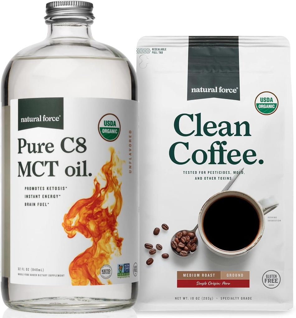 Natural Force Organic Ground Clean Coffee + Organic Pure C8 MCT Oil Bundle - 100% C8 MCTs & Mold & Mycotoxin Free Coffee - Non-GMO, Keto, Paleo i Vegan - 10 Oz Bag i 32 Oz Butelka szklana