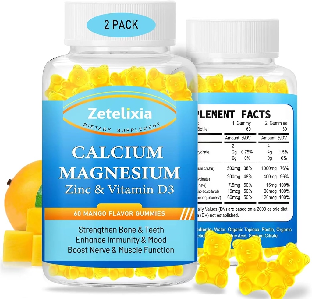 Gumki cynku wapniowego dla dorosłych i dzieci, suplement cytrynianu wapnia wolny od cukru 1000mg, Gumki glicynianu magnezu o wysokiej absorpcji z witaminą D3 & K2 - Bone & Muscle & Immune Health (2 opakowania)