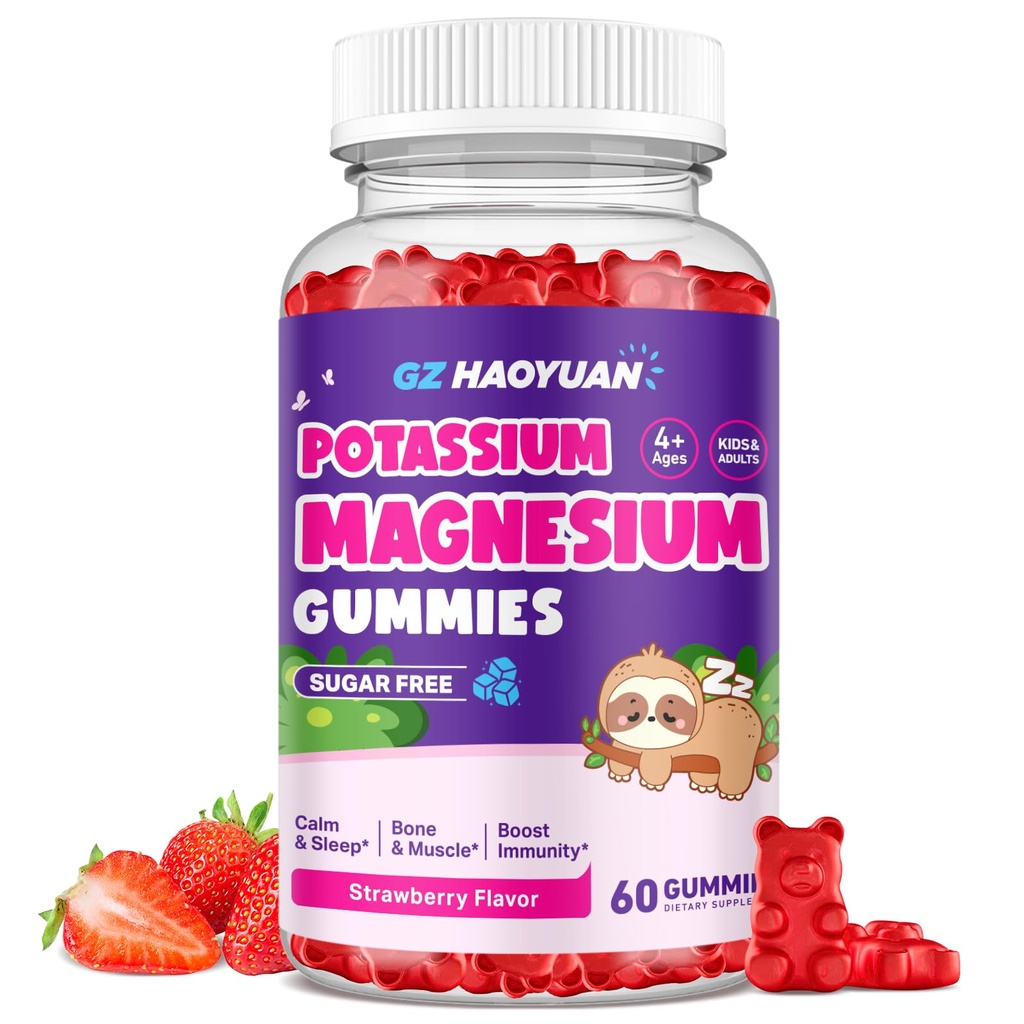Magnezu Gummies dla dzieci - Magnezu Gummies glicynian z witaminą D3, B6, Potasu i Ashwagandha, Magnezu dla dzieci i dorosłych Relaks, Sen, Mózg i zdrowie kości -Vegan Truskawka 60ct
