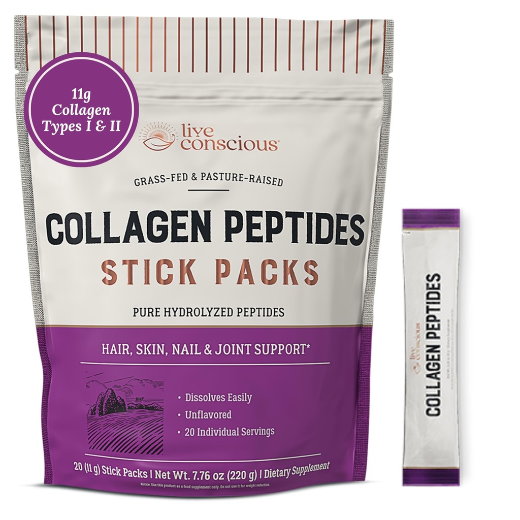 Live Conscious Collagen Peptydes Powder Unflavored Pakiety - Zhydrolizowany Collagen Powder - Włosy, Skóra, Nail, & Wsparcie wspólne - Rodzaj I & III Kolagen pokarmowy Suplementy dla kobiet i mężczyzn - Opakowanie 20