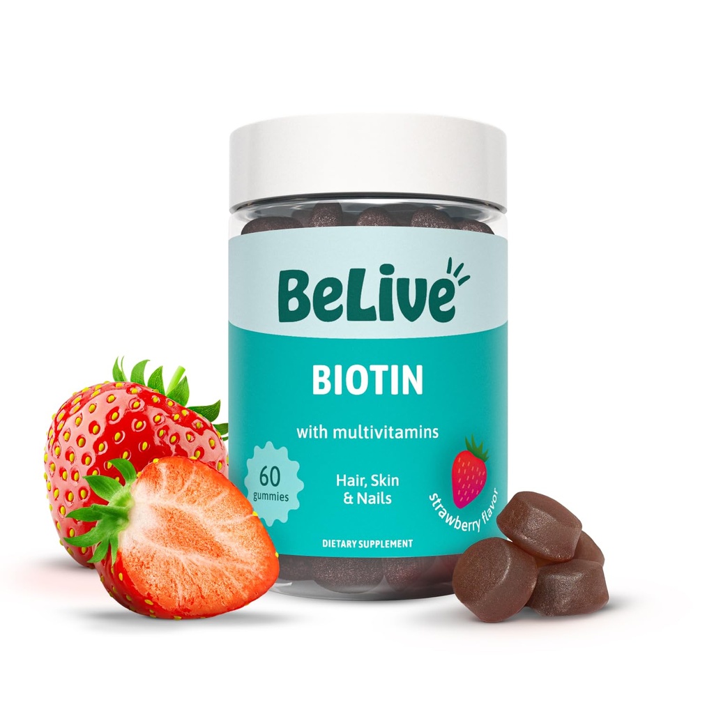 BeLive Gummies Biotin z Multivitamins, Folate, Inozytol - wspomaga wzrost włosów, zdrową skórę i paznokcie - Wegan, Pectin Based - Strawberry Flavor (1)
