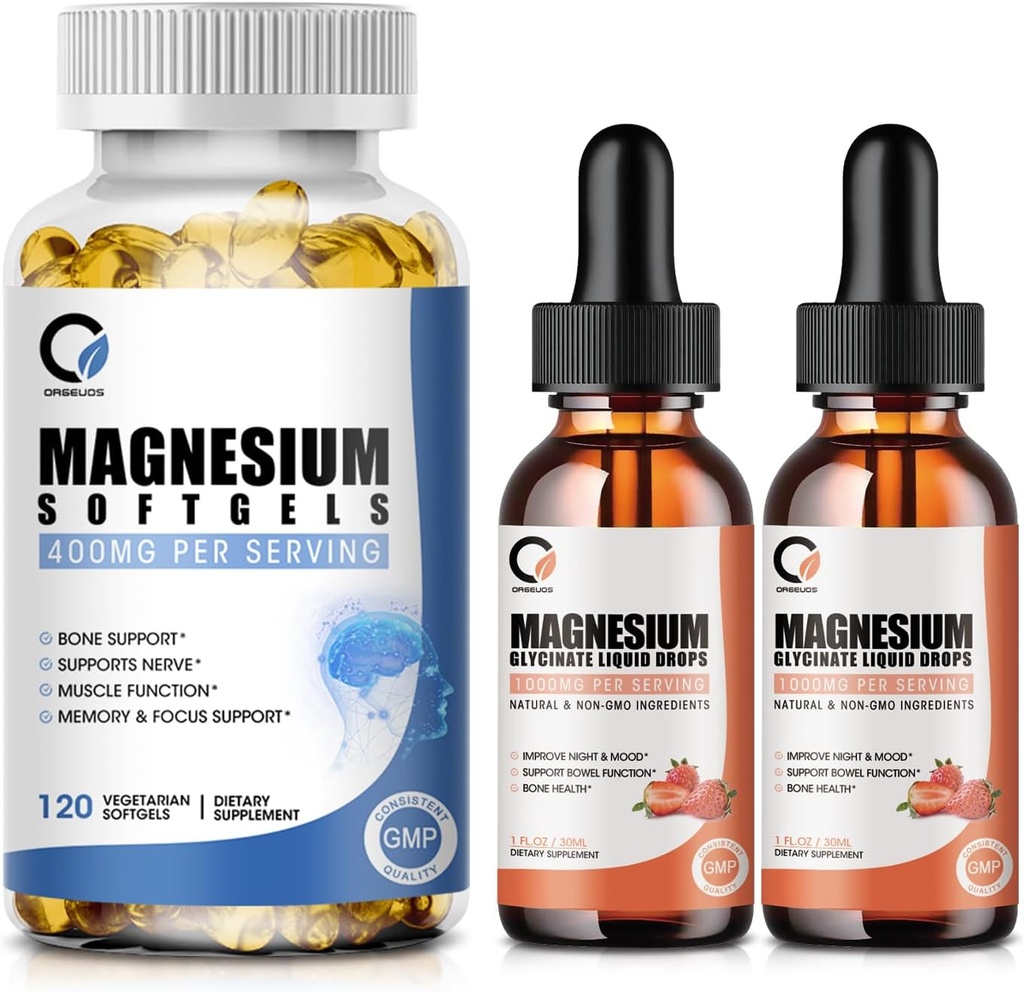 Magnezu Glicynian Krople i Magnezu Glicynian 400mg Softgels dla mężczyzn i kobiet, Wsparcie energii, Noc, Mięśnie i Wspólne funkcje, Non-GMO, Wegan