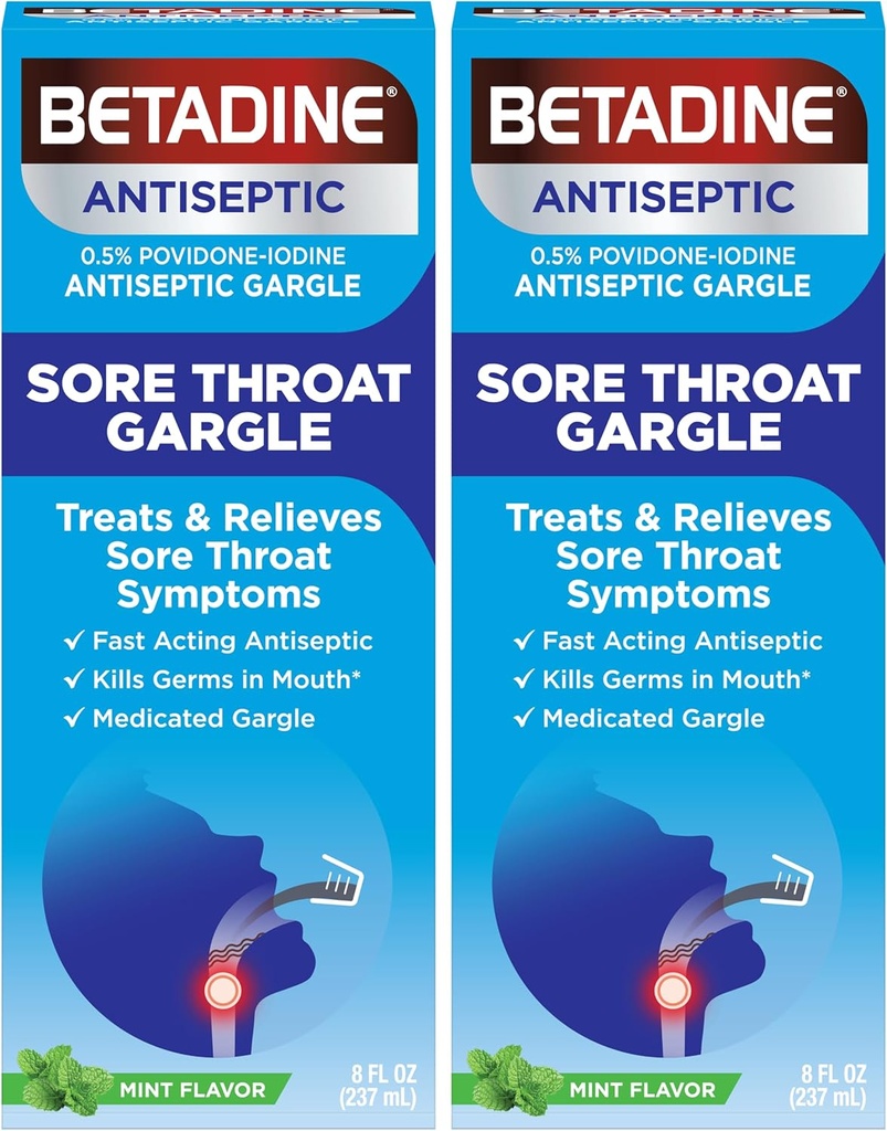 Betadine Sore Throat Relief Gargle, Mint Flavor, Szybkie działanie antyseptyczne, Povidone- Jod 0,5%, 8 oz (Opakowanie po 2)