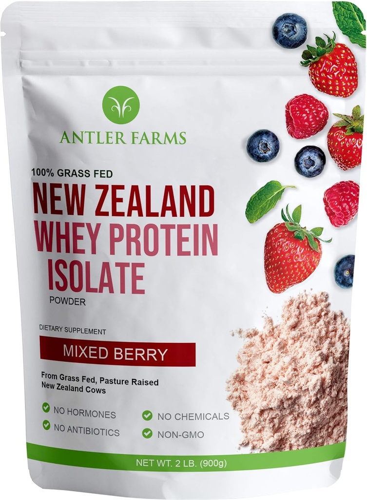 Antler Farms - 100% trawa karmiona Nowa Zelandia Białko serwatki Isolate, Mieszany aromat jagodowy, 30 Słupki, 2 kg - Pyszne, Przetworzone na zimno, Szybko wchłaniane, Keto Friendly, NO- Hormony, NO- GMO