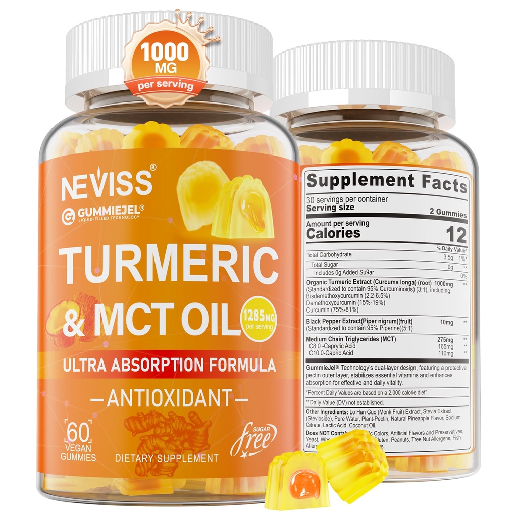 Turmerowe gumki 1000mg w / MCT Oil C8 C10, Organiczny przeciwutleniacz, Kurkumina Turmerowa Suplement z ekstraktem czarny pieprz, Wsparcie komfortu, Energia Boost, Ultra Absorpcja, Cukier wolny, 60 Cts