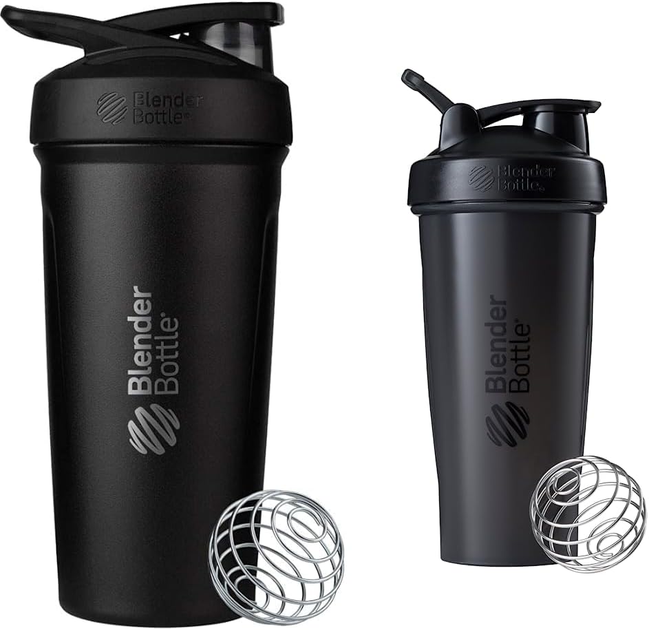 BlenderBottle Strada Shaker Cup Izolowana butelka wody ze stali nierdzewnej z drutu whisky, 24- Ounce, Black & Classic Butelka Shaker Idealny do shakes protein i pre Workout, 28- Ounce, czarny