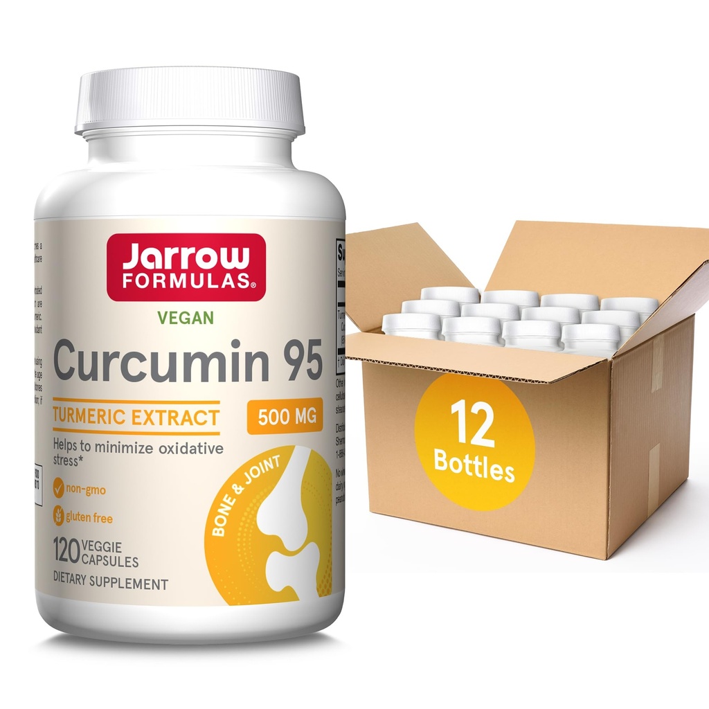 Jarrow Fixas Curcumin 95 500 mg, Turmeric Curcumin Extract for Antioksydant Support, Bone and Joint Support Dietetic Supplement, 120 Veggie kapsułki, Do 120 Sług, Opakowanie po 12