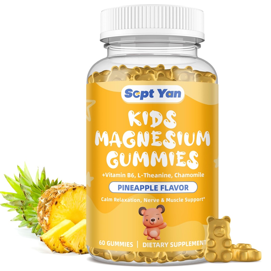 Magnezu Gummies dla dzieci - Magnezu Citrate Supplement z witaminą B6, L- teaniną, rumiankiem i balsamem cytrynowym - Spokojny magnez dla dzieci i dorosłych Sen, Relaksacja, Ananas Flavor 60 Gummies