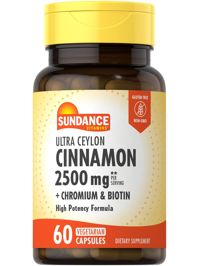 Sundance Ceylon Kapsułki cynamonowe 2500mg 124; 60 Pigułek 124; z chromem i biotyną 124; Wegetarian, Non-GMO i gluten suplement wolny