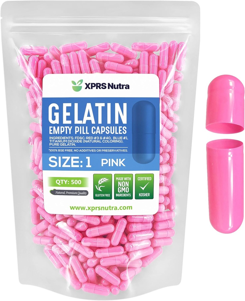 XPRS Nutra Rozmiar 1 Puste kapsułki - 500 Licz Puste kapsułki żelatynowe - Pigułka Diy Kapsułka Napełnianie - Czysty żel piórowy dla bydła Kapsułki Do- It- Yourself Supplements (Pink)