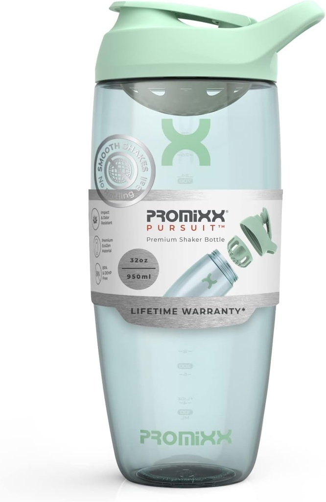 Promixx Pursuit Protein Shaker Bottle (32 oz) - Silent No- Ball Mixer, Leak- Proof Lid, BPA / BPS & Phthalate- Free ECOZEN - Easy- Clean Shaker Cup for Protein Shakes, Pre & Post- Workout Smoothies