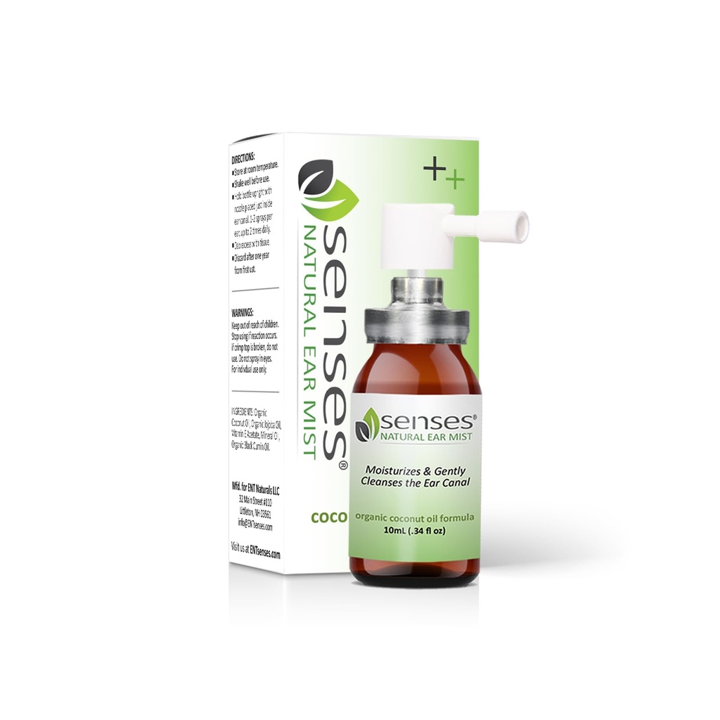 SENSES Naturalne krople do uszu - Koagulacja, Olej kokosowy organiczny do nawadnianych uszu - Zastosowanie do czyszczenia, nawilżania, Ulgi od alergii, pomocy słuchu i Wosk do uszu, 0,34 Fl Oz