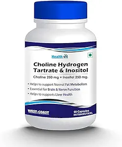 Choline Hydrogen Tartrate 250mg & Inositol 250 Mg - 60 Kapsułki 124; Metabolizm energii, Zdrowie wątroby, Zasadnicze dla mózgu i nerwów funkcji - Non-GMO, Wegan, Gluten Free, Dairy Free