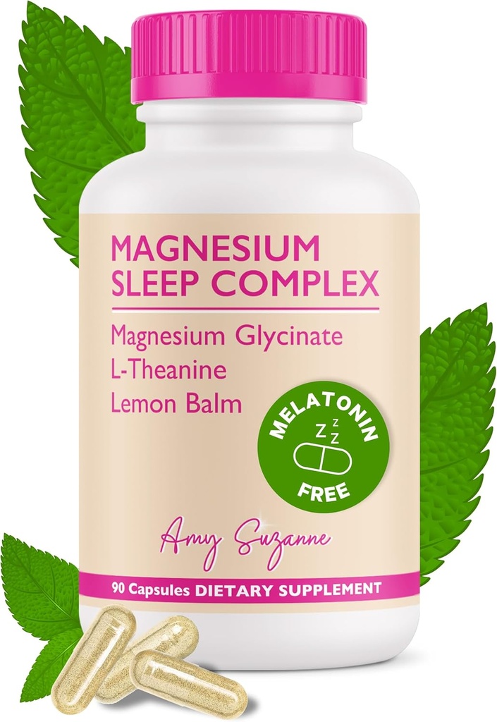 Magnezu Sleep Complex z L- Theanine i Lemon Balm - Melatonin - Bezpłatne wsparcie snu dla naturalnego spokoju i relaksacji - Magnezu glicynian - 90 Kapsułki