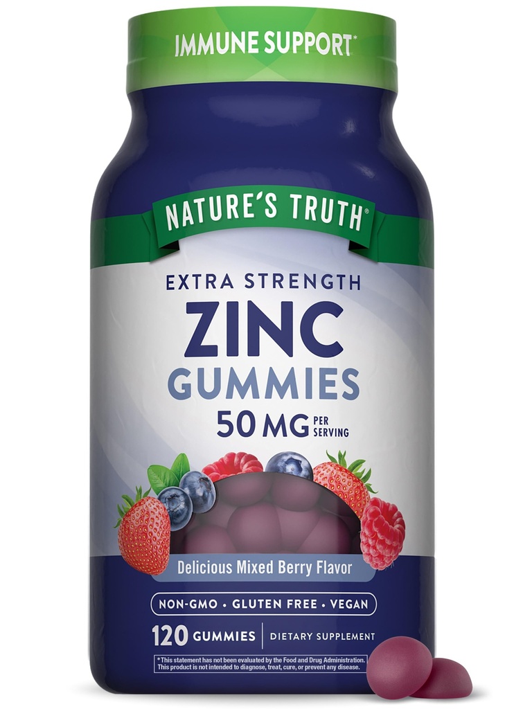 Nature 's Truth Gummies Cynk dla dorosłych 124; 50mg 124; 120 Hrabia 124; Wegan, Non-GMO & Gluten Free Supplement Agregat 124; Mieszany aromat Berry