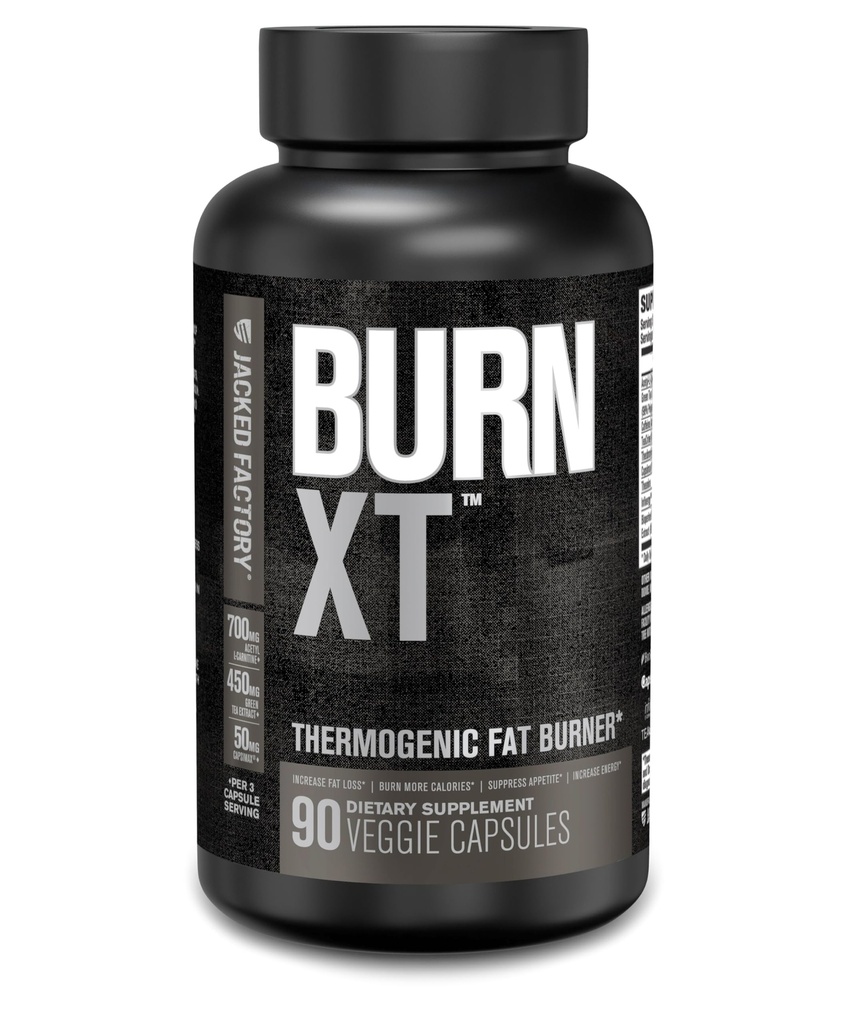 Jacked Factory Burn XT Black Thermogenic Fat Burner - suplement do utraty masy ciała, Apetite Suppressant, Nootropic Energy Booster Agregat 124; TeaCrine, Acetyl L- Karnityna, Green Tea Extract - 90 Veg Diet Pills