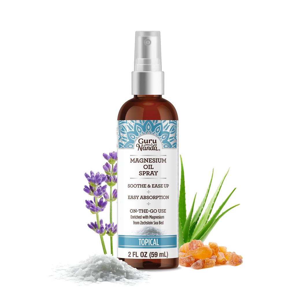GuruNanda Magnezu Oil Spray (2 Fl Oz), Rozpylacz magnezowy z naturalnych olejków eterycznych & Aloe Vera, Pomaga w odczuwaniu i relaksacji mięśni, Cruelty- Free