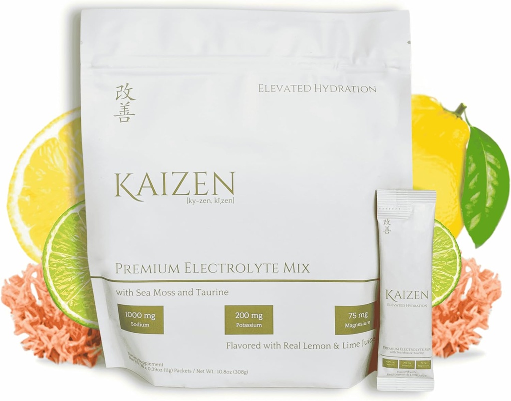 Kaizen Hydration - Premium Whole Body Hydration Drink - Energy, Focus, Wellness - Organic Electrolyte Mix with Irish Sea Moss, Tauryne, Monkfruit Extract - Odświeżające Lemon Lime Flavor - 8.88 oz
