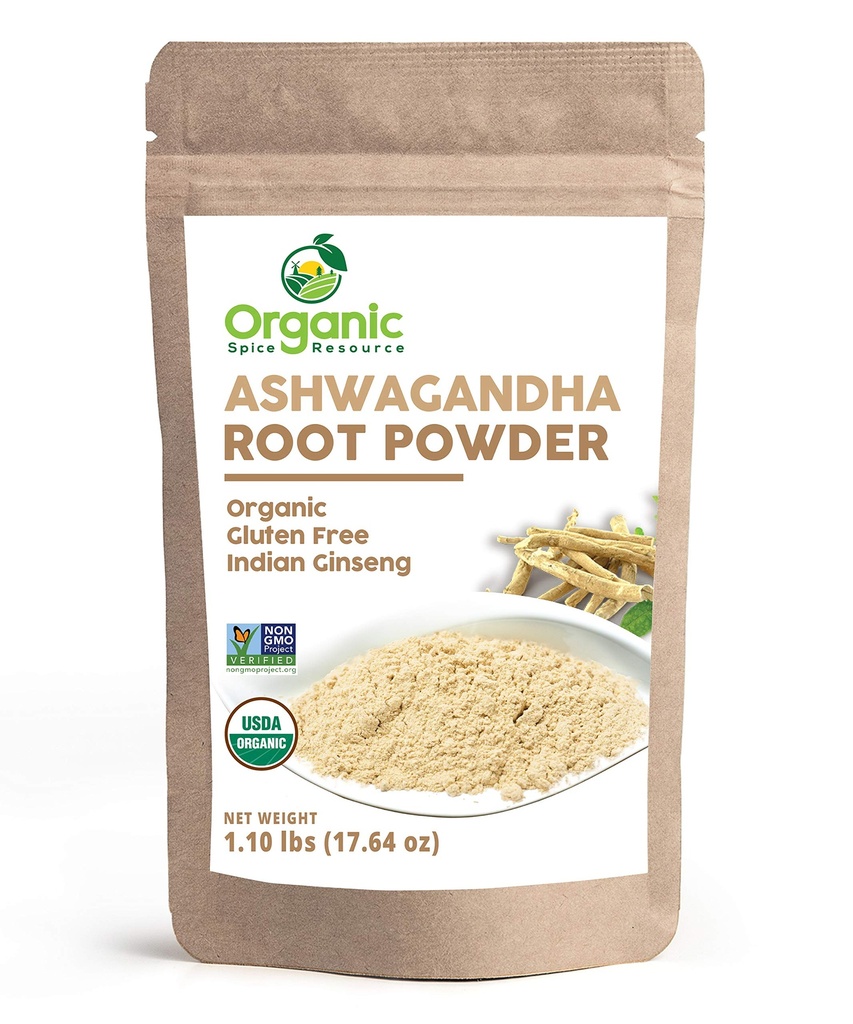 Proszek korzeniowy organiczny Ashwagandha - 1,10 lbs (17.64 oz) 124; Worek kraftowy, niezmodyfikowany genetycznie, Ginseng indyjski, Withania Somnifera -100% Surowiec z Indii, przez SHOPOSR