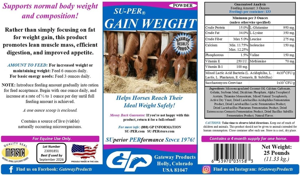 SU- PER Gain Waga dla koni - Uzupełnienie Konia Gainer dla koni - Promotes Lean Muscle Mass, trawienie & Apetite - 25 funtów, 4 miesięczne dostawy