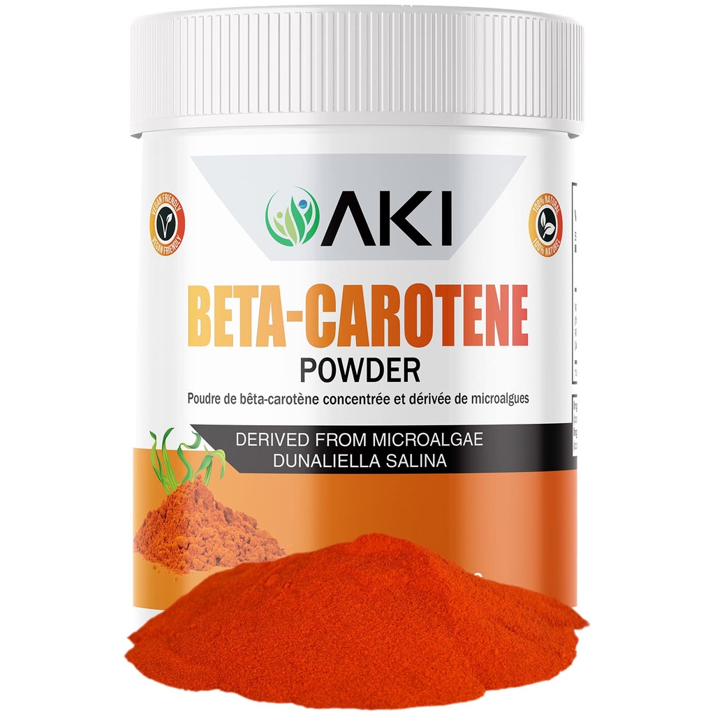 AKI Beta Karoten 10% Proszek (1.5oz / 42.52g) Wysoko skoncentrowany aromat Fount witaminy A, Może pomaga wspierać funkcje ciała, Skóra, System immunologiczny i oko - GMO Free & Vegan Friendly