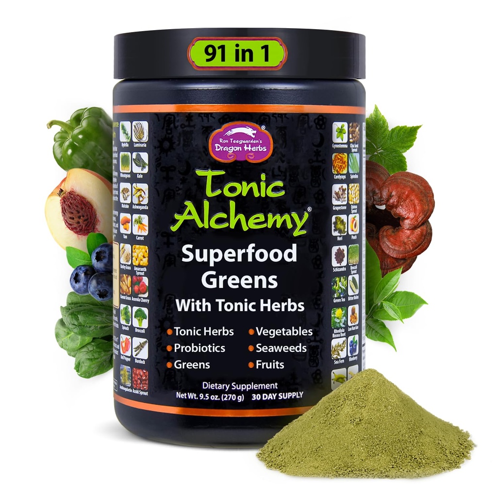 Dragon Herbs Tonic Alchemy Superfood Zielony Proszek z 91 Składniki: Tonic Herbs, Ashwagandha, Grzyby, Probiotyki, Super Zielone, Seaweeds, Owoce, Warzywa, Spirulina - 30 Sługi