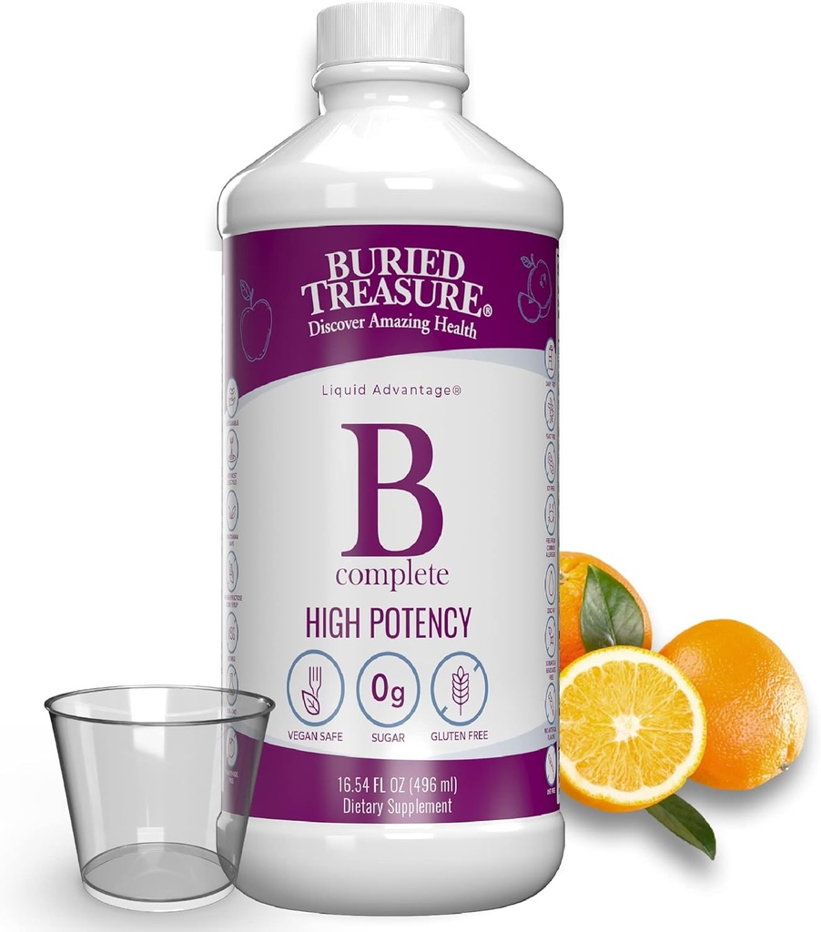 Pochowany skarb B Kompleks - Płynna Witamina B z MethylCobalamin B12 & MethylFolate B9, Biotin, B1, B2, B3, B5, B6, Płyn i Cup Cup do pomiaru