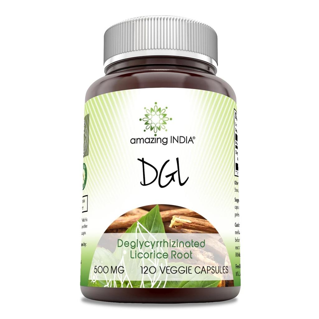 Amazing India DGL 500 mg 120 Veggie Kapsułki Suplement do wstrzykiwań 124; Non-GMO DGL 124; Gluten Free
