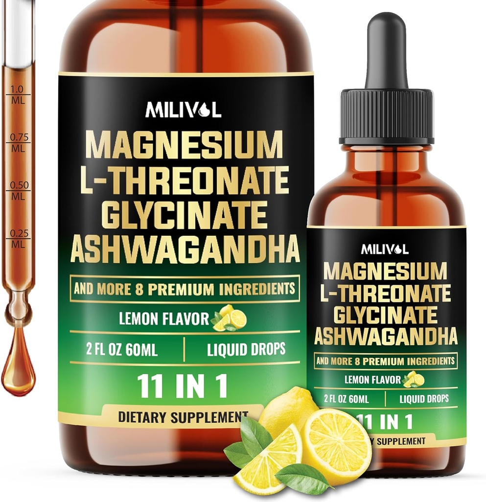 10in1 Magnezu L- Threonian płynne krople z Magnezu glicynian, Ashwagandha, Witamina D3, C, B6 i 4 Inne składniki - 2 Fl Oz - Lemon Flavor