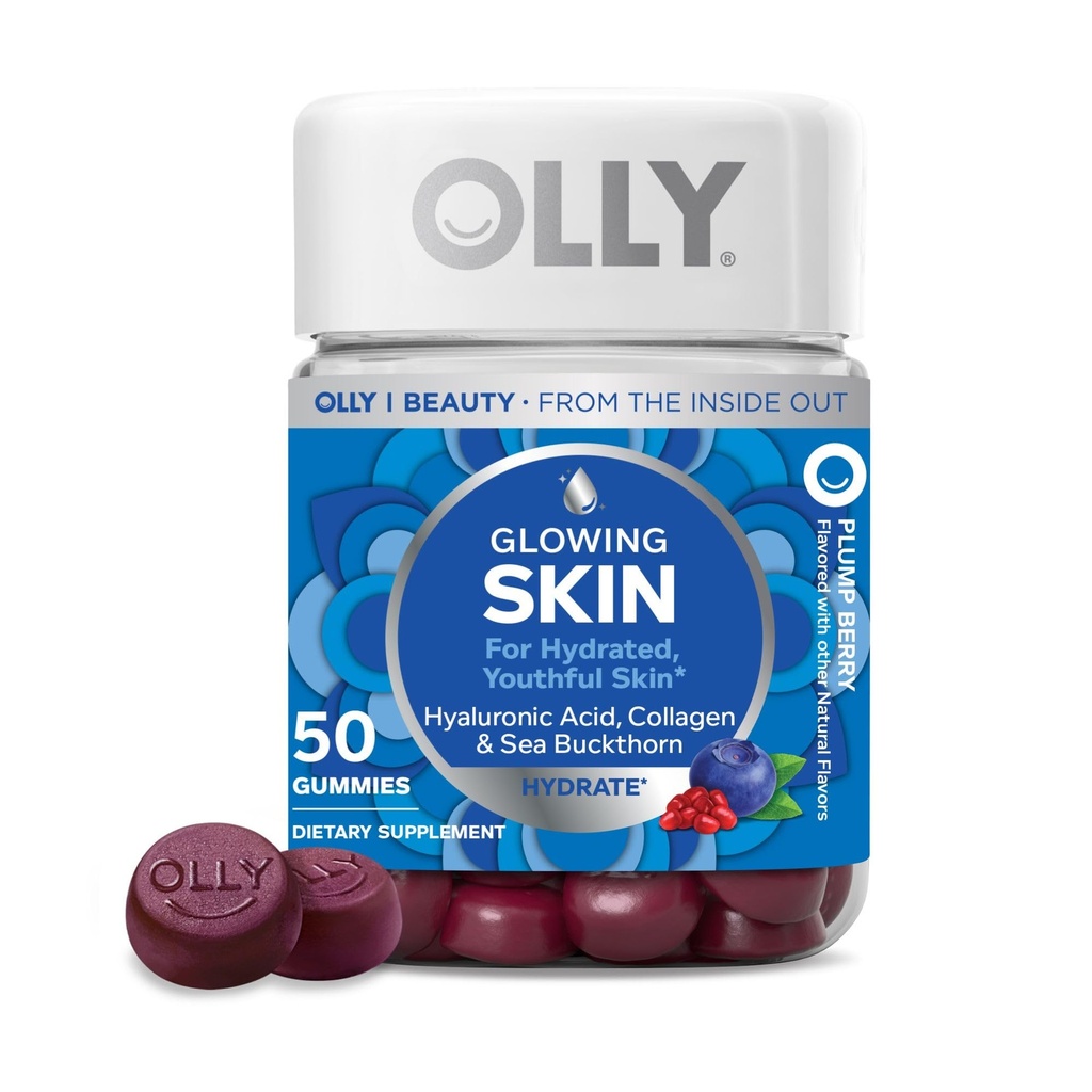 OLLY Glowing Skin Gummy, Hydrated & Youthful Skin,* Hyaluronic Acid, Collagen Peptides, Sea Buckthorn, Plump Berry Flavor, 25 Day Supply - 50 Count