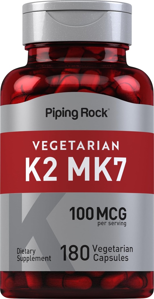 Piping Rock K2 MK7 Suplement witaminowy XI124; 100 µg XI124; 180 Kapsułek wegetariańskich XI124; dla kobiet i mężczyzn XI124; Non- GMO, Gluten Free