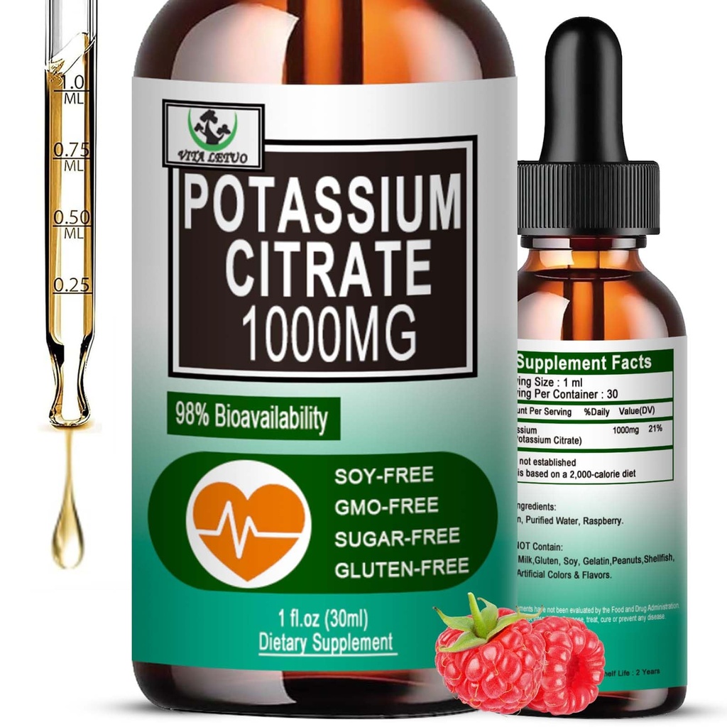 Cytrynian potasu krople płynne, suplement potasu 1000mg Liquid Support Relief mięśni, Heart Health and Sleep, Wysoko wchłaniane dla dorosłych Kobiety i mężczyźni, Wegan, 30 Służenie