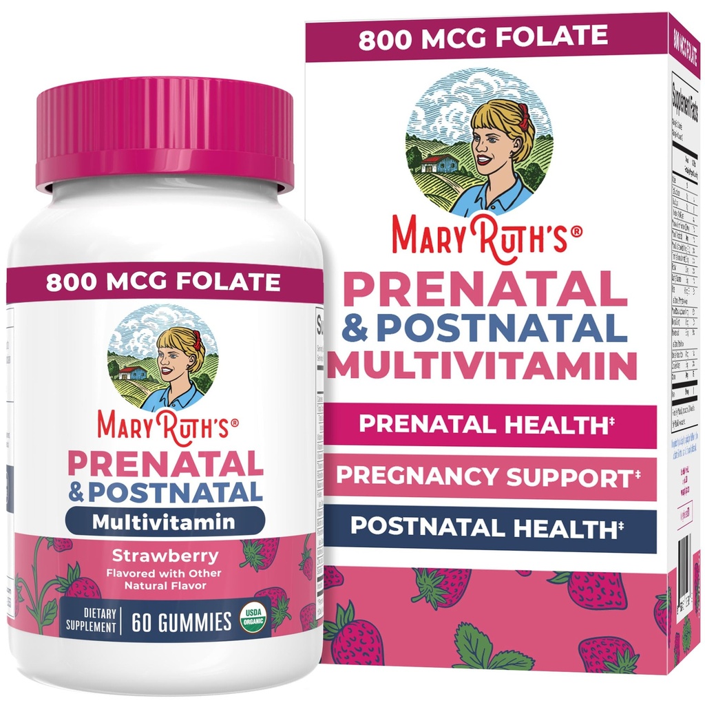 MaryRuth Organic Vitamin Prenatal Vitamin dla Kobiet 124; USDA Organic Prenatal Gummies X124; Poponatalne Witaminy dla Kobiet Karmienie piersią 124; Metylfolate 800 mcg DFE X124; Jod X124; Vegan X124; Nie GMO X124; 30 Służenie