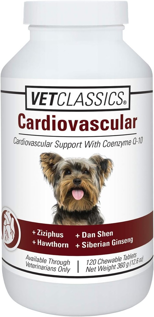 Vet Classics Cardival Support with Coenzym Q- 10 for Dogs, Wspomaga układ sercowo-naczyniowy z Ziziphus, Dan Shen, Hawthorn, & Siberian Ginseng, 120 Tabletki do żucia