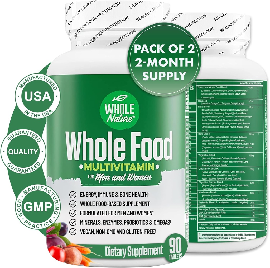 Whole Food Multivitamin for Men and Women Complete Daily Superfood Vitamin Plus Minerals Digestive Enzymes, Probiotics and Omegas. Witamina wieloskładnikowa oparta na roślinach, niezmodyfikowana genetycznie (2)